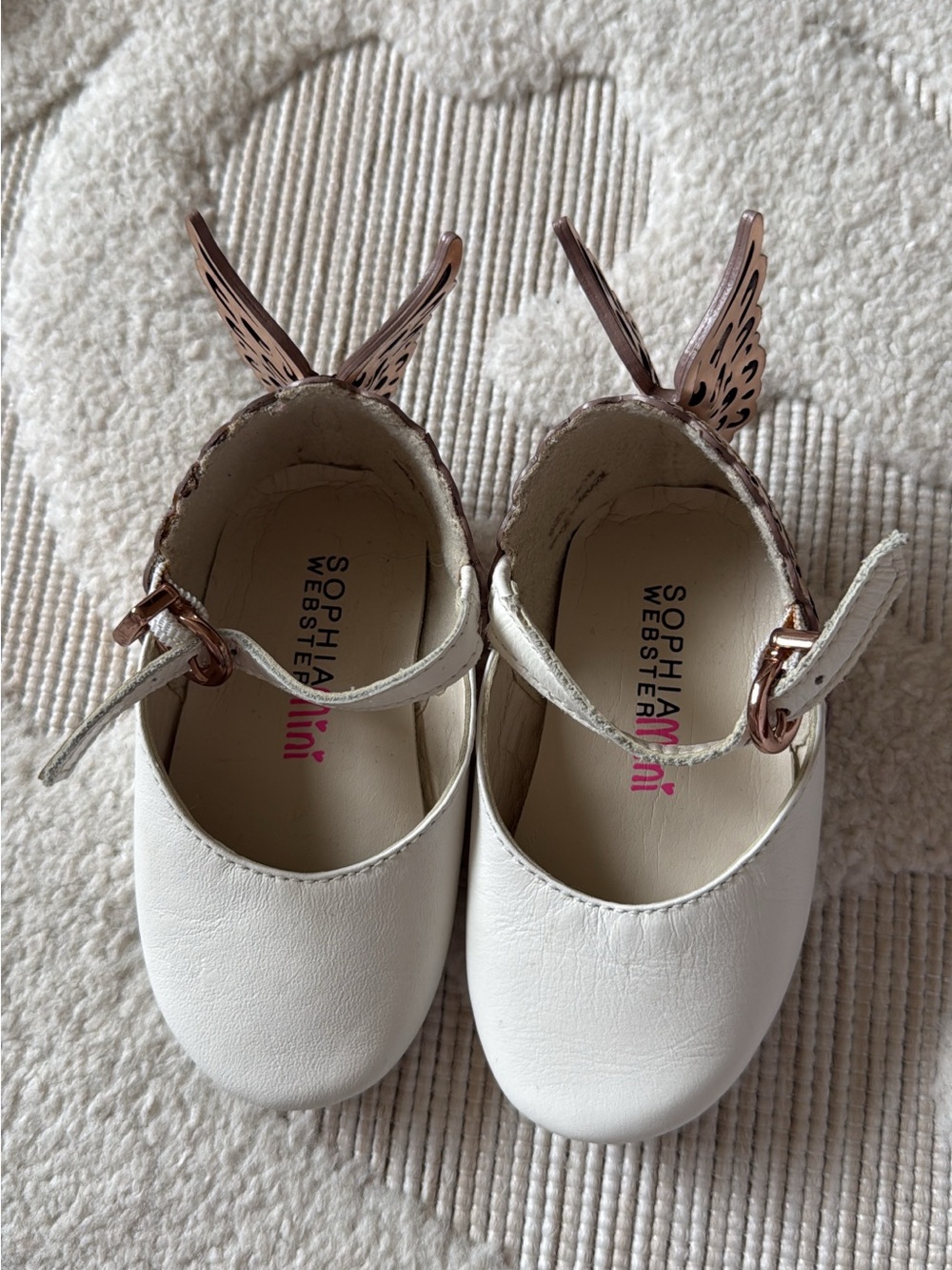 Sophia Webster Girls White Mary Jane Shoes with Rose Gold Butterfly Wings